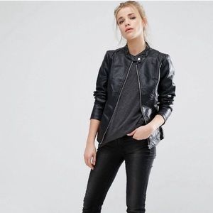 VILA Faux Leather Collarless Moto Jacket